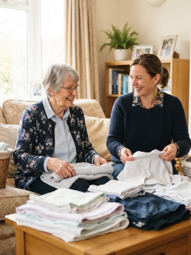 Warm natural window light, a smiling caregiver and a senior woman folding laundry together in a bright, clean living room, medium shot, 35mm lens.