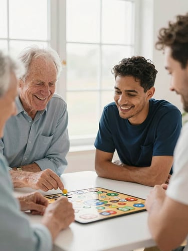 Soft natural light, a diverse caregiver sharing a laugh with a senior while playing a board game, shallow depth of field, warm editorial photography.