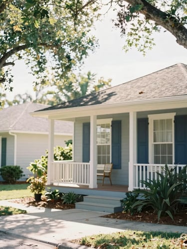 Warm editorial photography, sunlit Florida residential street with beautiful green trees and a cozy home porch, soft natural lighting, 35mm lens
