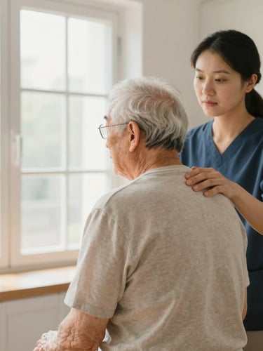 Medium shot of a caregiver and senior in a bright kitchen, caregiver gently placing a hand on the senior's shoulder, warm natural window light, 35mm lens