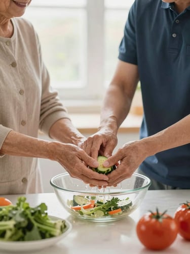 A caregiver helping an older adult prepare a healthy meal in a bright, clean kitchen, focusing on hands washing vegetables under soft natural light, warm editorial photography