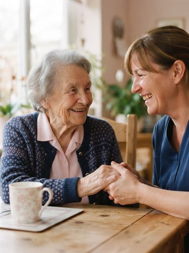 A warm close-up of a smiling caregiver and an elderly woman sitting together at a wooden table, sunlight streaming through a window, soft pink and navy tones, shallow depth of field, 35mm lens