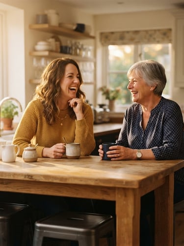 Warm natural golden-hour window light, an adult daughter and a senior mother sitting at a kitchen island laughing over coffee, 35mm lens.
