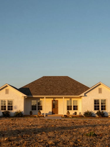 Wide environmental shot of a beautiful Texas ranch home at golden hour, warm sunlight reflecting off windows, expansive blue sky, 35mm lens