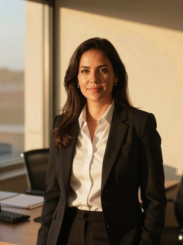 Warm golden-hour portrait of a Texas insurance agent in a sunlit Austin office, looking confident and approachable, 35mm photography.
