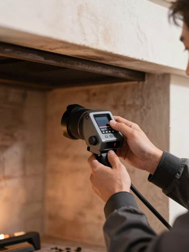 Close-up of a professional chimney sweep technician adjusting a high-definition diagnostic camera inside a clean hearth, warm ambient light, sharp focus, 35mm lens