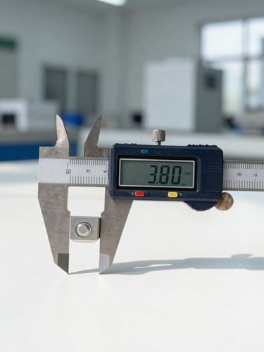 A technical close-up of a high-precision digital caliper measuring a consumer goods component on a clean Guangdong factory floor, bright natural daylight, sharp focus