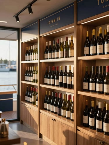 Clean, brightly lit interior of a modern premium marina retail store, warm wood shelves with craft wine bottles, brass accents, morning light