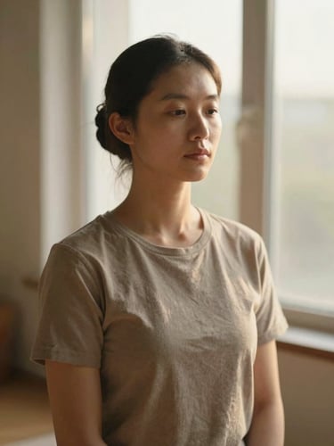 An unposed portrait of a practitioner in moments of stillness, warm natural light, soft shadows, neutral clothing, shallow depth of field