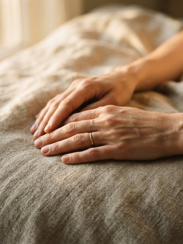 Close-up of hands resting on textured organic linen, warm diffused golden-hour window light, soft natural shadows, 35mm