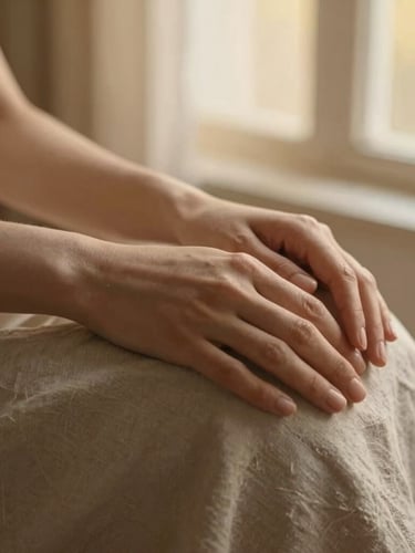 Close-up of gentle hands resting on soft, textured organic linen under warm, diffused golden-hour window light, shallow depth of field