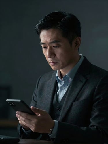 Cinematic portrait of a solitary professional in deep concentration, low-key chiaroscuro lighting, cool muted color tones, dark background.