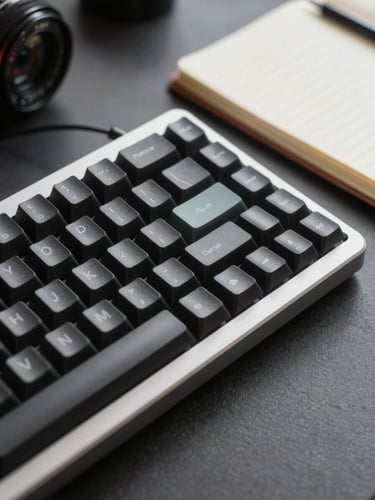 Macro shot of a high-end mechanical keyboard and analog notebook on a dark graphite desk, side lighting, sharp focus on textures.
