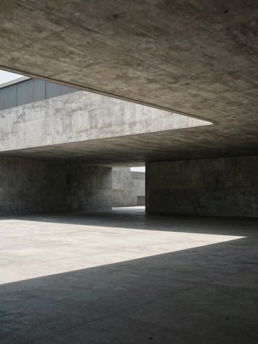 Brutalist concrete architectural space with dramatic sharp shadows and expansive empty space