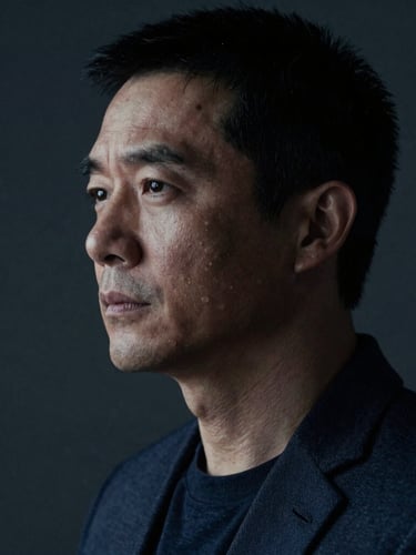 Cinematic low-key portrait of a professional in deep focus, cool muted tones, dramatic single-source side lighting, dark background