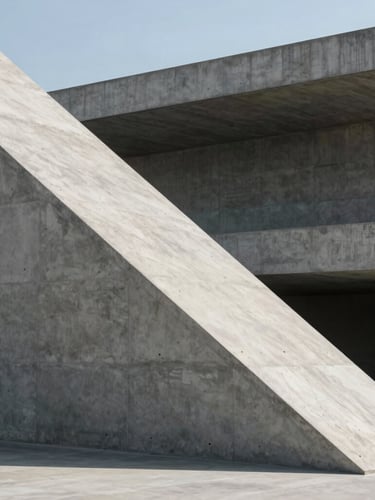 Minimalist brutalist concrete architecture with sharp, dramatic diagonal shadows, clean lines, cold daylight, emphasizing precision and structure.