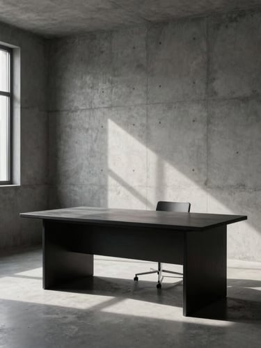 Wide cinematic shot of a minimalist concrete study room, a single dark desk illuminated by a sharp beam of window light, heavy dark shadows, cold charcoal tones.