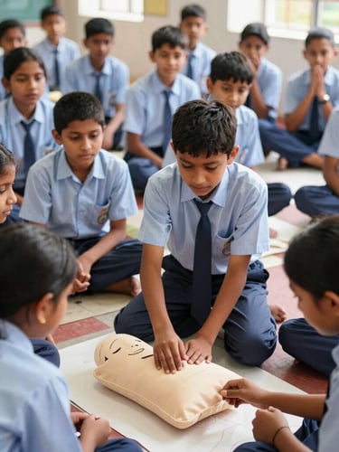 Candid documentary photograph of local school students in Bihar learning emergency first aid, focused expressions, bright natural daylight, 35mm