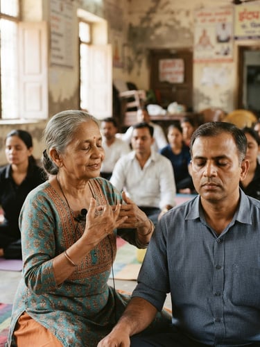 Close-up documentary shot of a local community workshop in Patna, an instructor guiding participants in a breathing exercise, soft natural window light, 35mm