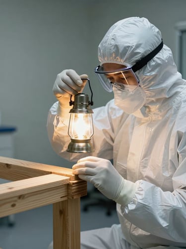 Fotografia vertical em estilo clínico de um técnico especializado vestindo traje de proteção branco e limpo, inspecionando uma junta de madeira estrutural com uma lanterna sob luz clara do dia.
