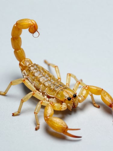 Macro photograph of a yellow scorpion in clinical lighting, isolated on a clean, light grey sterile background, high-definition scientific detail.