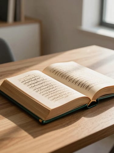 An open classical leather-bound Arabic manuscript on a clean wooden desk, soft warm window light casting long shadows, modern minimalist room background, warm editorial photography, 35mm