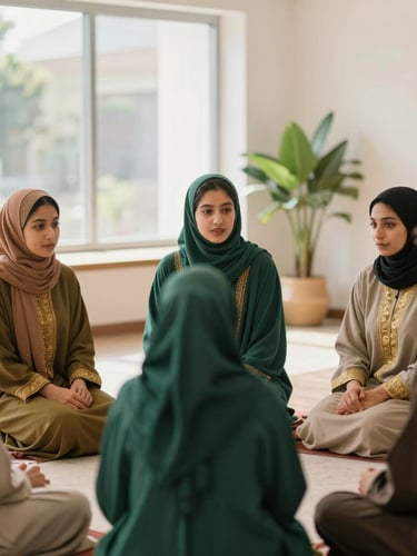 A warm, bright, modern community space with young Muslims engaged in a respectful circle discussion, soft window light, natural green accents, shallow depth of field, 35mm