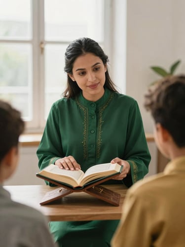 Warm editorial photography of a teacher in a bright, well-lit modern room showing an open Quran to a young student, soft window light, natural tones, shallow depth of field, 35mm