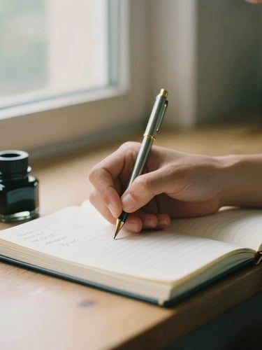A close-up of a student's hands carefully writing notes in an open journal beside an inkwell, soft morning window light, warm editorial style, 35mm