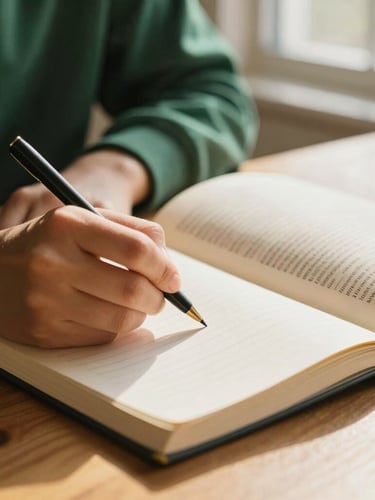 Close-up of a student's hands taking elegant notes in a clean notebook next to an open classical textbook, warm golden sunlight, shallow depth of field, 35mm