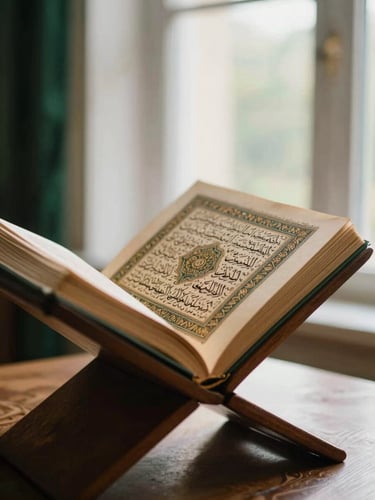 An open classical Islamic manuscript with elegant Arabic calligraphy, resting on a wooden book stand under soft, warm window light, shallow depth of field, 35mm