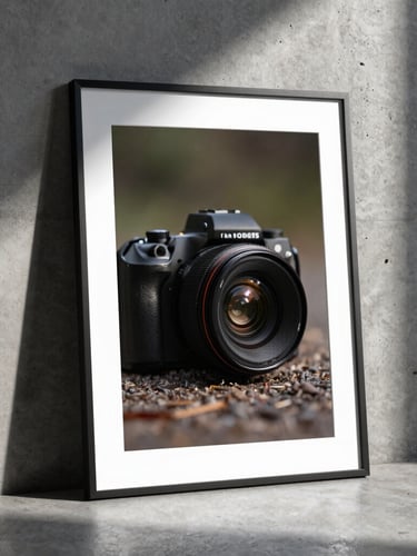Bespoke framed print resting against a concrete wall, sharp directional light casting a long shadow.