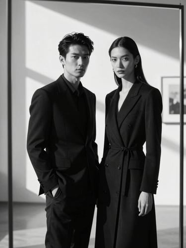 High-fashion styled couple in stark high-contrast black and white, hard directional light, framed behind gallery glass.