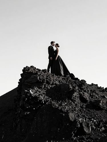 Breathtaking high-contrast portrait of a couple in haute couture, standing on a jagged volcanic cliff in Iceland, dramatic chiaroscuro lighting, deep black shadows, stark white sky.