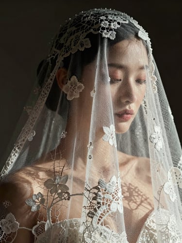 Extreme close-up of a delicate lace veil catching sharp directional light against absolute darkness, high contrast, rich texture.