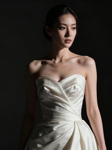 High-contrast cinematic portrait of a bride in a structured silk gown, dramatic chiaroscuro lighting, deep shadows, absolute black background.