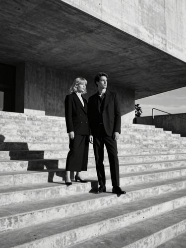 Extreme wide shot of a high-fashion couple standing on the concrete steps of a brutalist museum, harsh directional sunlight casting long dramatic shadows, stark black and white.