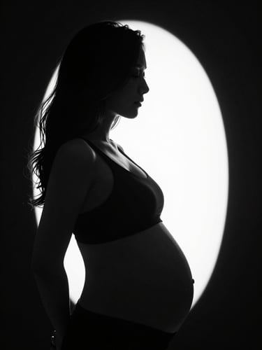 Dramatic black and white silhouette of a pregnant woman, hard directional lighting from the side, deep shadows, sculptural form against absolute black background.