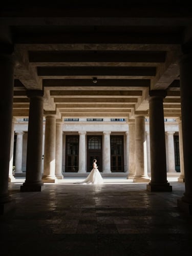 Ultra-wide environmental shot of an architectural wedding venue, the subject small in a grand landscape, deep shadows, framed in black.