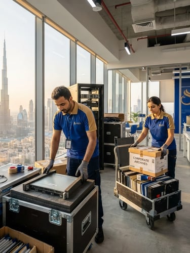 Uniformed professional movers carefully securing IT equipment and corporate archives in a modern office, with the Dubai skyline visible through a large window, bright commercial lighting, royal blue and gold accents.