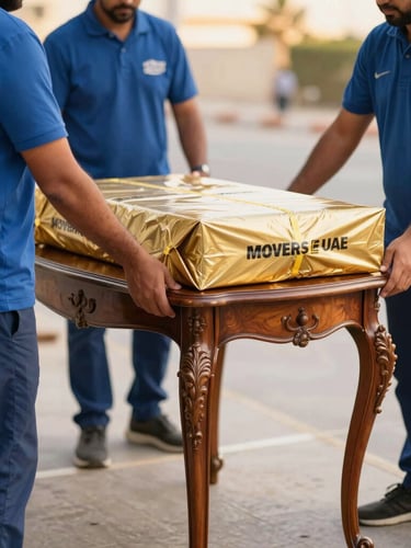 Close-up of professional movers wearing Movers E UAE uniforms, carefully wrapping a high-end antique wooden table with gold-standard packing materials, bright commercial lighting, sharp depth of field.