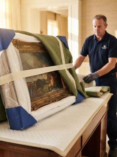 Close-up of gold-standard packing materials protecting a delicate art piece, uniformed professional mover in background, luxurious villa interior, bright commercial lighting, sharp depth of field, rich royal blue and gold accents.