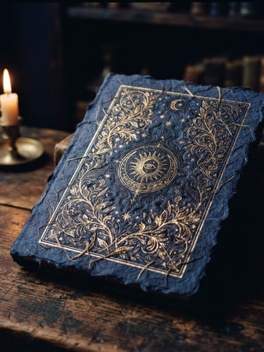 Tactile book cover resting on a dark rustic wooden table, soft warm candlelight casting long shadows, deep twilight indigo room, 35mm photography, shallow depth of field