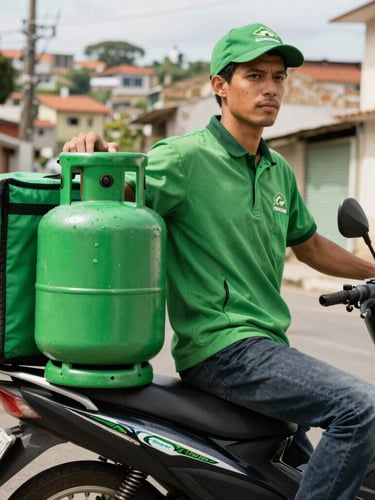 Friendly delivery rider in green uniform holding a bright green cooking gas cylinder next to his motorcycle, bright daylight, Belo Horizonte neighborhood background.