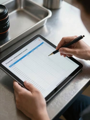 Close-up overhead shot of hands analyzing a digital inventory spreadsheet on a tablet next to a clean stainless steel prep sheet, bright natural lighting.