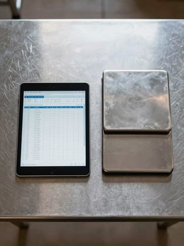 Overhead flat lay of a stainless steel kitchen prep table, a digital tablet displaying an inventory spreadsheet next to a clean metal scale, bright morning daylight.