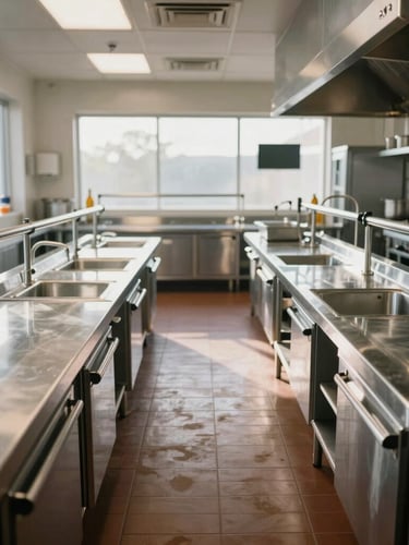 A straight-on, wide-angle shot of an immaculate, empty commercial kitchen prep line before service, bright natural morning light reflecting off polished stainless steel counters.