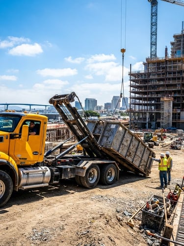 Wide shot of a heavy-duty roll-off truck delivering a large steel dumpster onto a clean, active construction site in San Diego, bright high-contrast California daylight, sharp metallic textures, bold saturated tones, wide-angle lens, low angle heroic shot