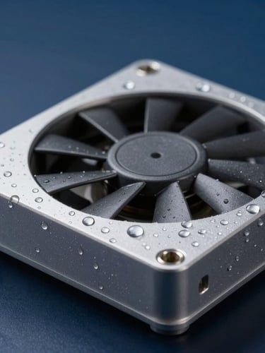 Close-up of a rugged aluminum fanless industrial monitor chassis, water droplets spraying on the IP65 sealed front bezel, sharp focus on metallic textures, cool studio lighting