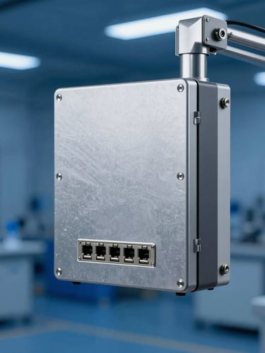 Crisp industrial product photography of a rugged aluminum panel PC mounted on a steel arm in a modern factory setting, cool blue studio lighting, metallic textures and ports visible, macro depth of field.